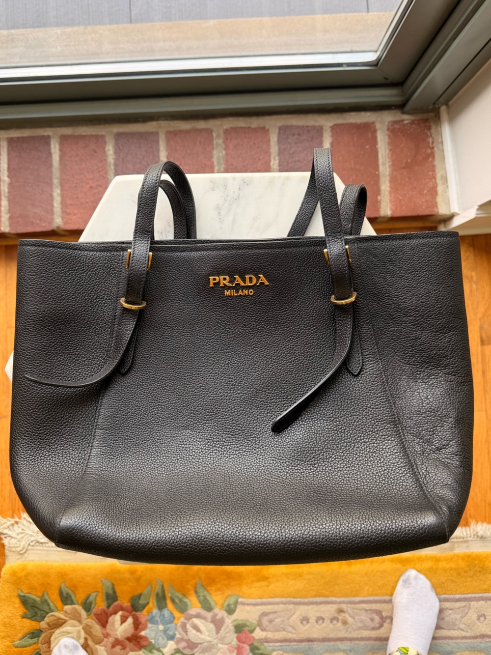 Prada Black Textured Leather Vitello Grain Tote with Gold Logo